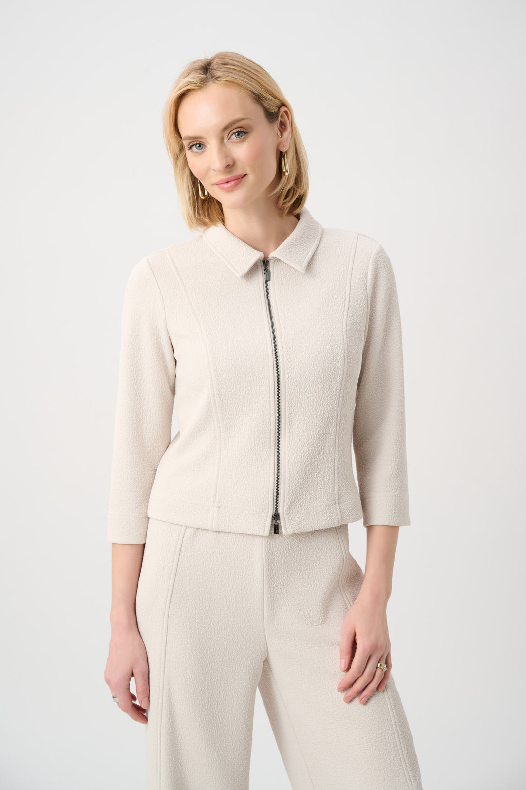 Textured Knit Jacquard Boxy Jacket With Shirt Collar Style 263048