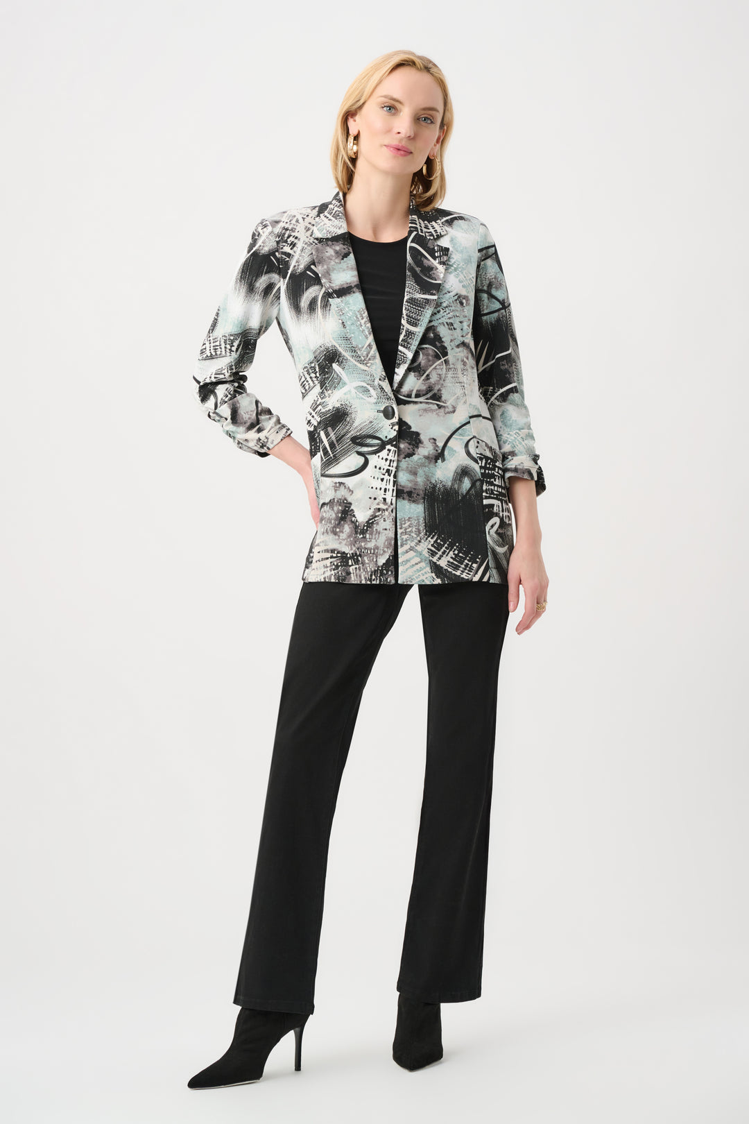 Silky Knit Abstract Print Straight Blazer Style 263056