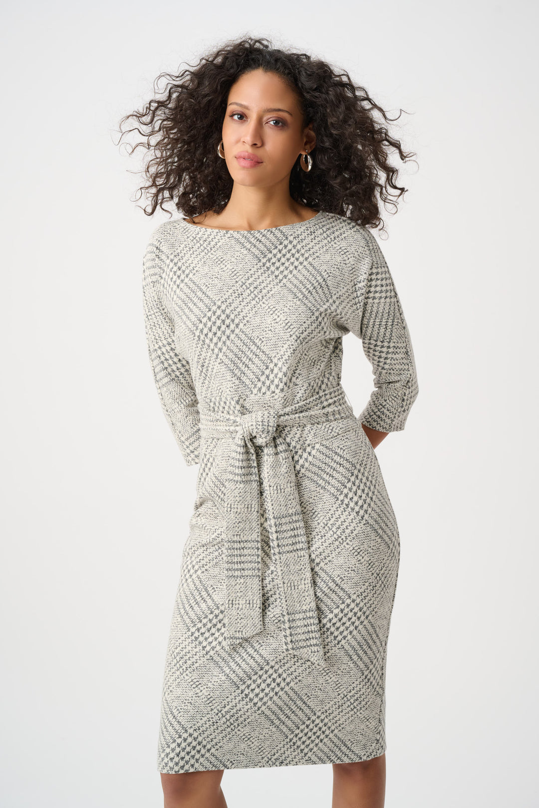 Plaid Jacquard Belted Sheath Dress Style 263062