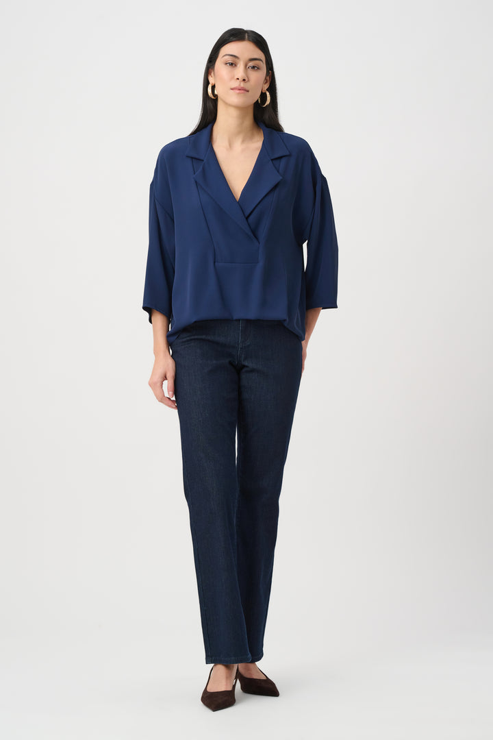 Woven Twill Boxy Top With Notched Collar Style 263109