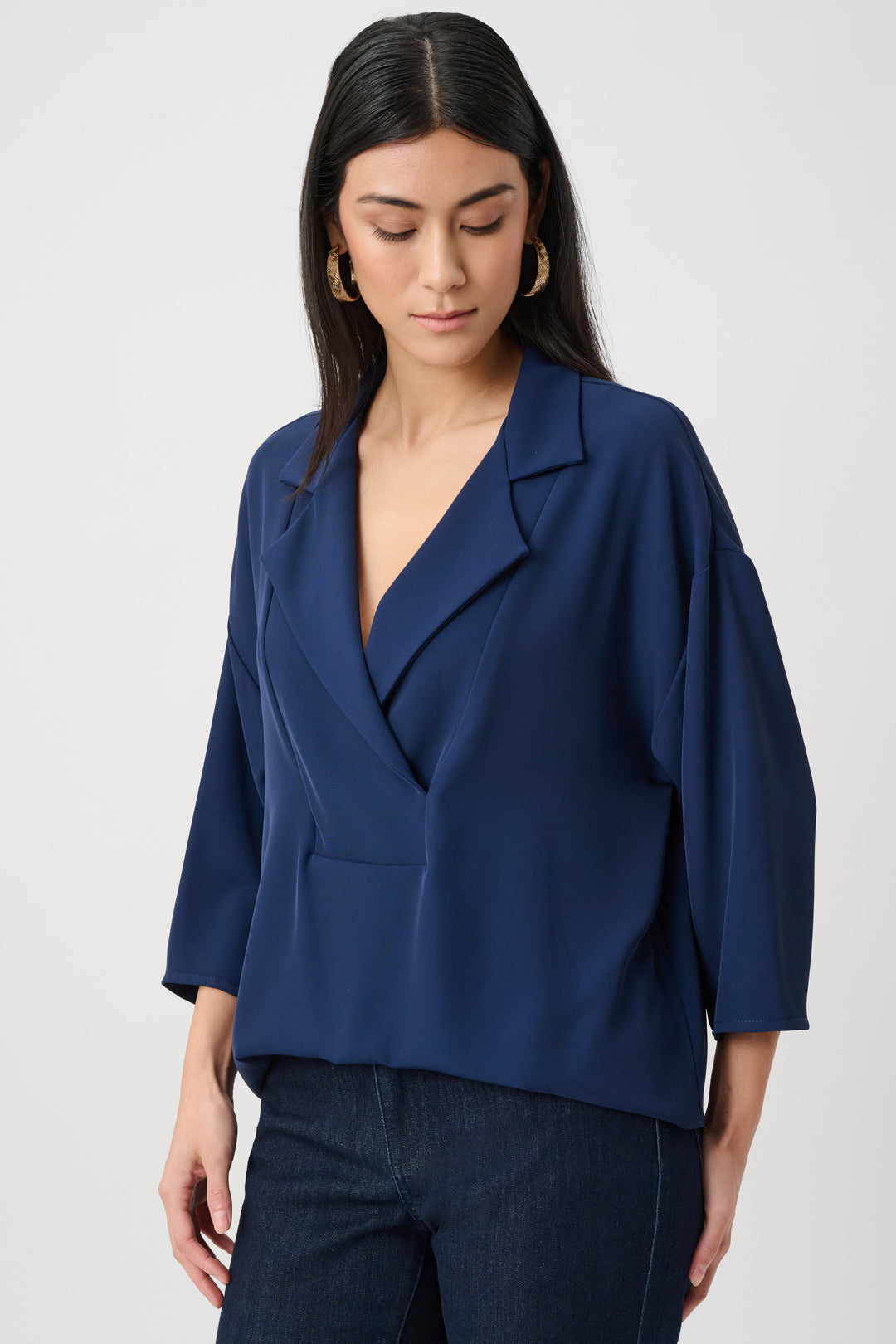 Woven Twill Boxy Top With Notched Collar Style 263109