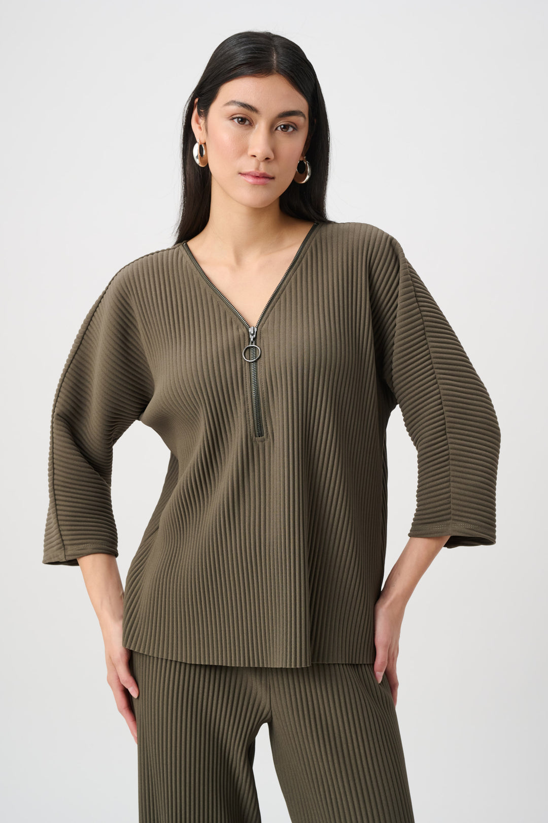 Pleated Scuba Crepe Zipped Neck Top Style 263123