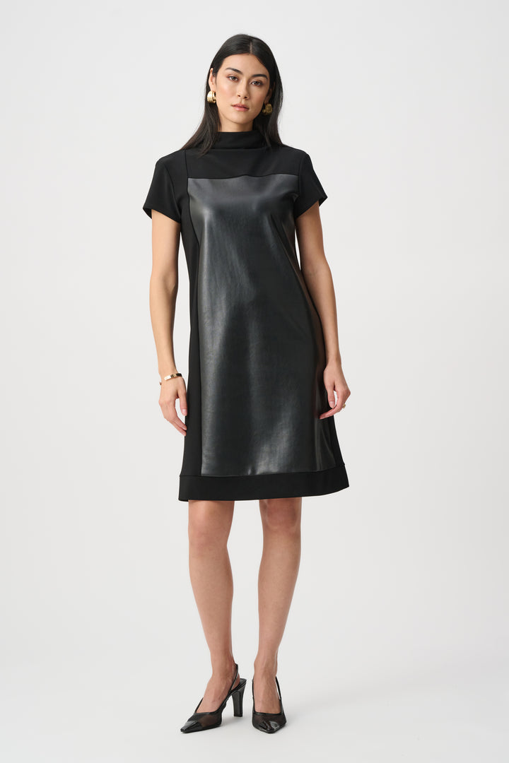 Leatherette And Silky Knit Mock-Neck Straight Dress Style 263181