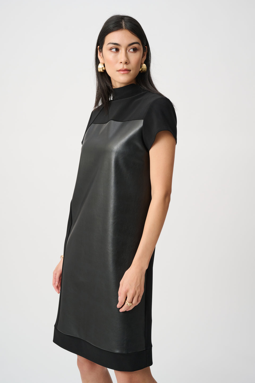 Leatherette And Silky Knit Mock-Neck Straight Dress Style 263181