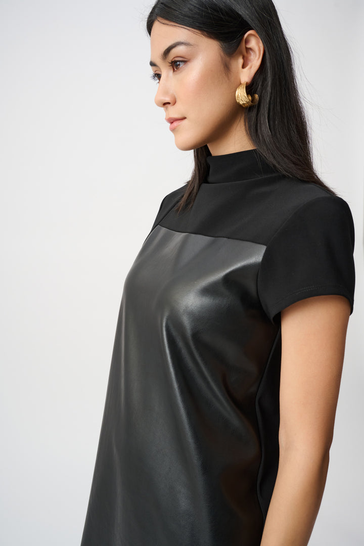 Leatherette And Silky Knit Mock-Neck Straight Dress Style 263181