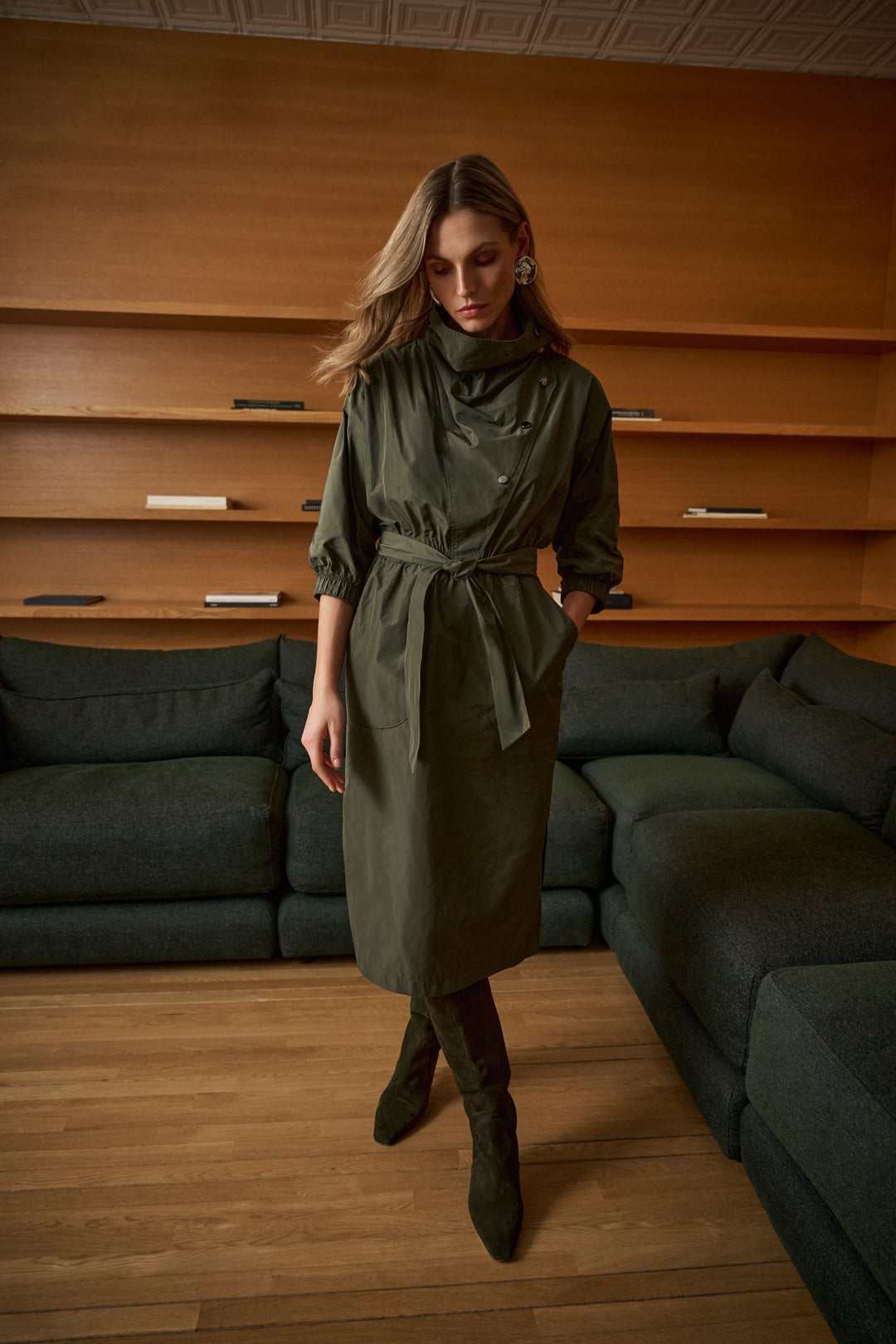 Memory Fabric Cowl-Neck Belted Dress Style 263182