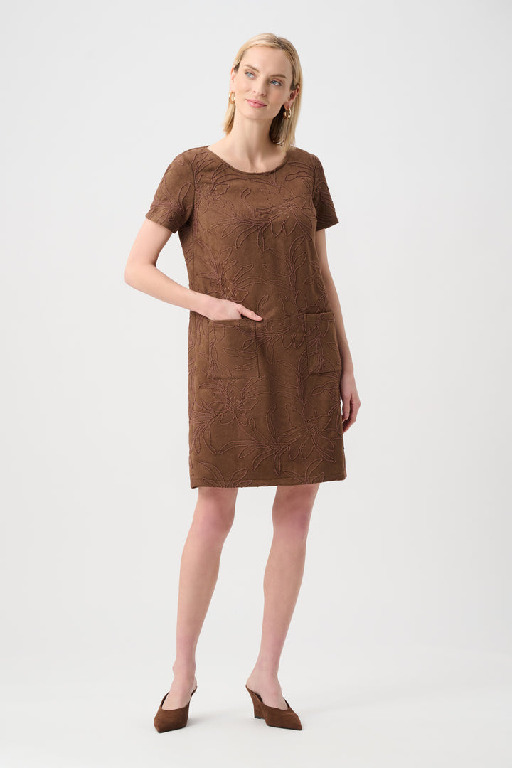 Embroidered Suede Boat-Neck Shift Dress Style 263185