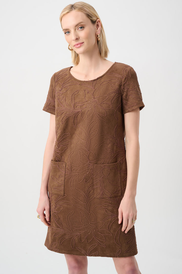 Embroidered Suede Boat-Neck Shift Dress Style 263185