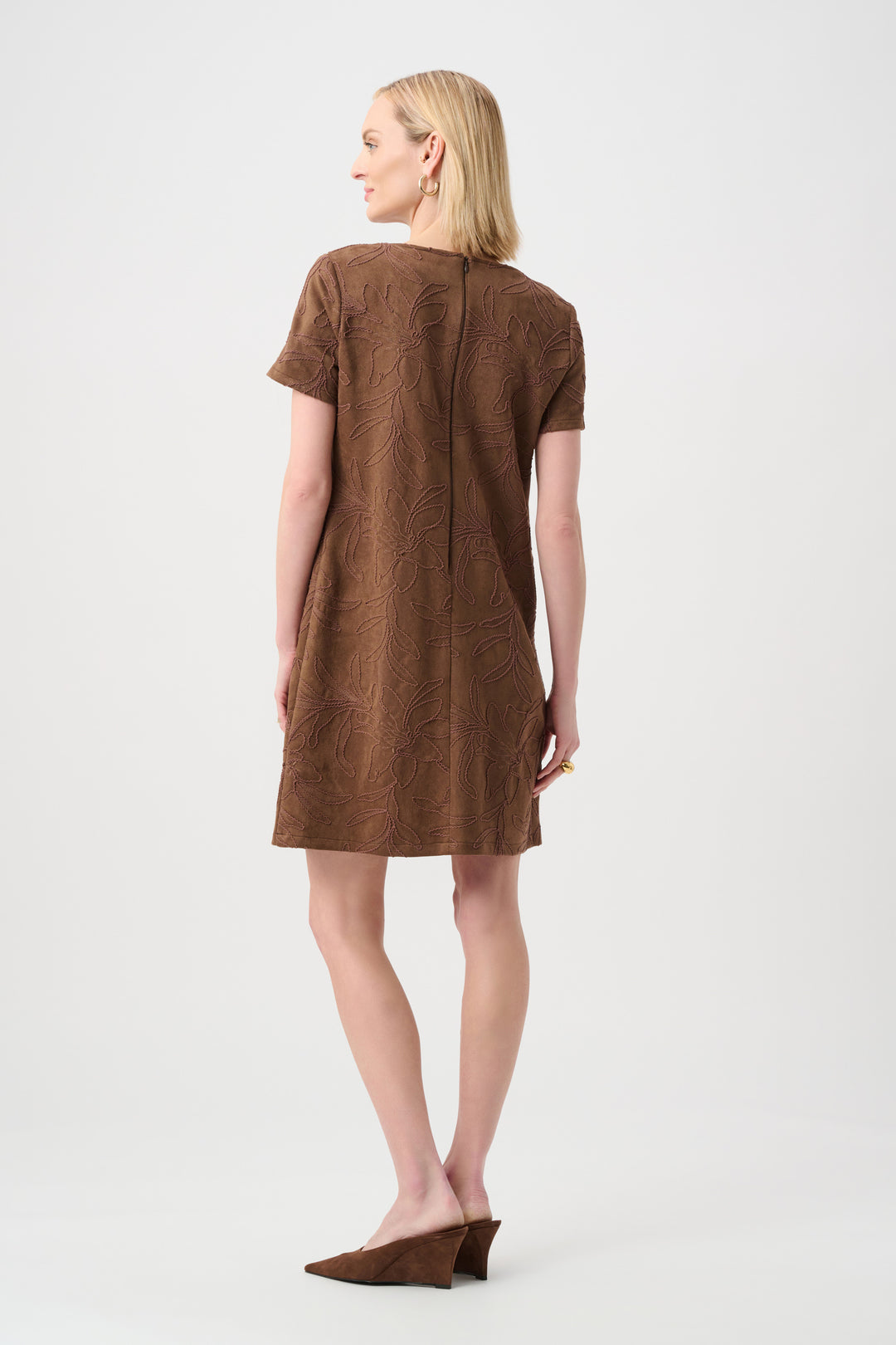Embroidered Suede Boat-Neck Shift Dress Style 263185