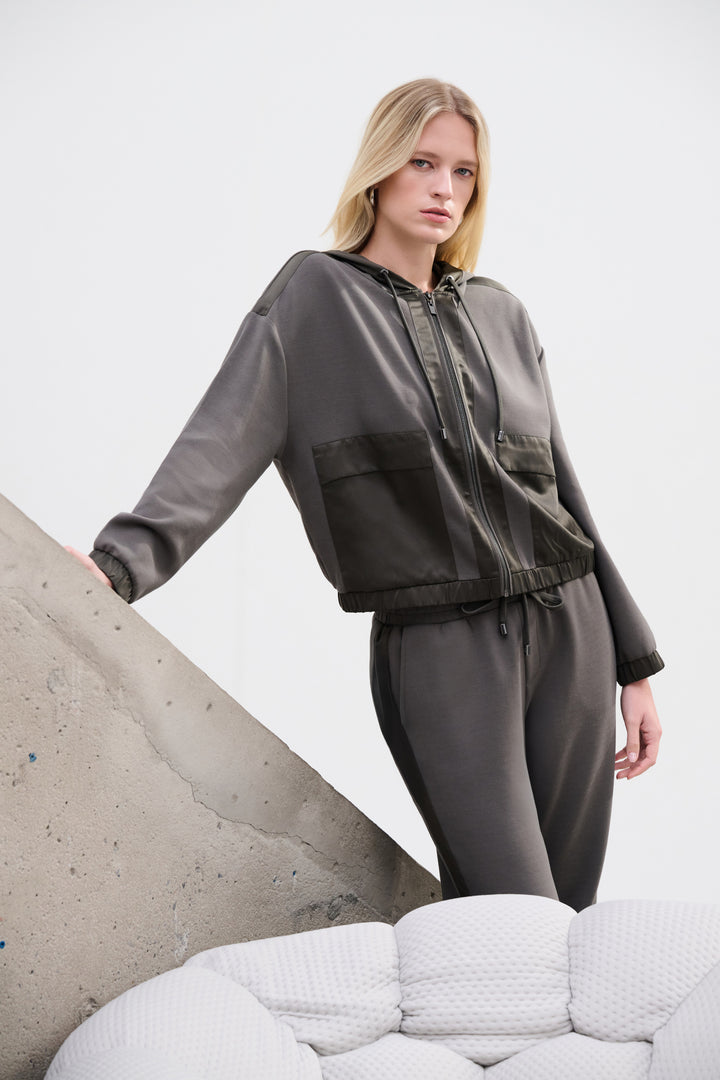 Scuba Jersey And Satin Hooded Boxy Jacket Style 263624