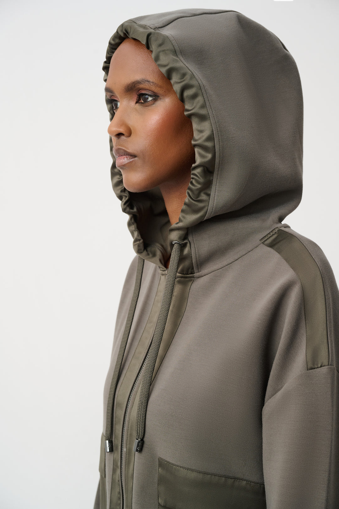 Scuba Jersey And Satin Hooded Boxy Jacket Style 263624