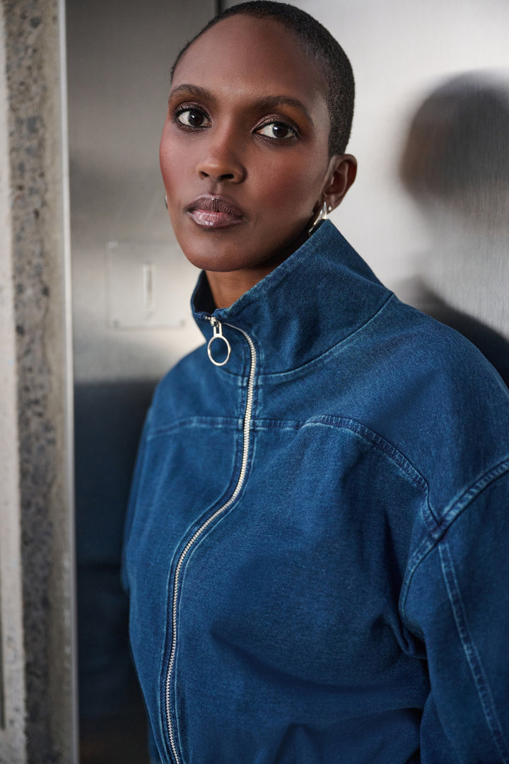 Knit Denim Funnel-Neck Bomber Jacket Style 263634
