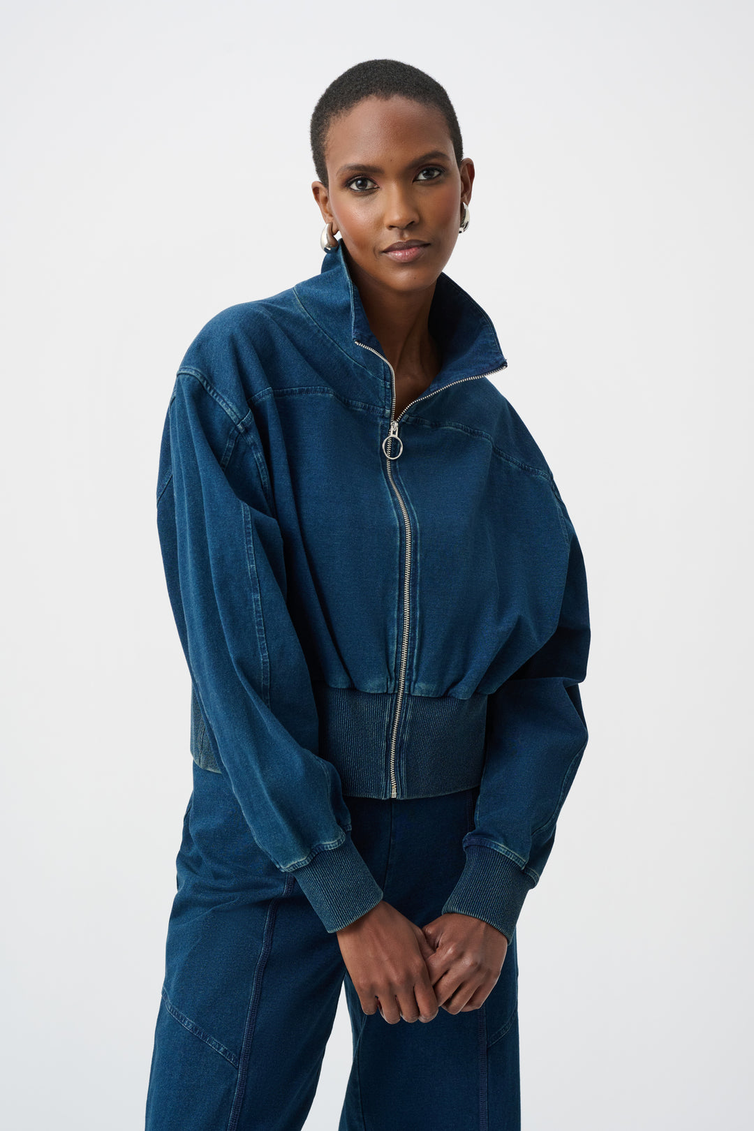 Knit Denim Funnel-Neck Bomber Jacket Style 263634