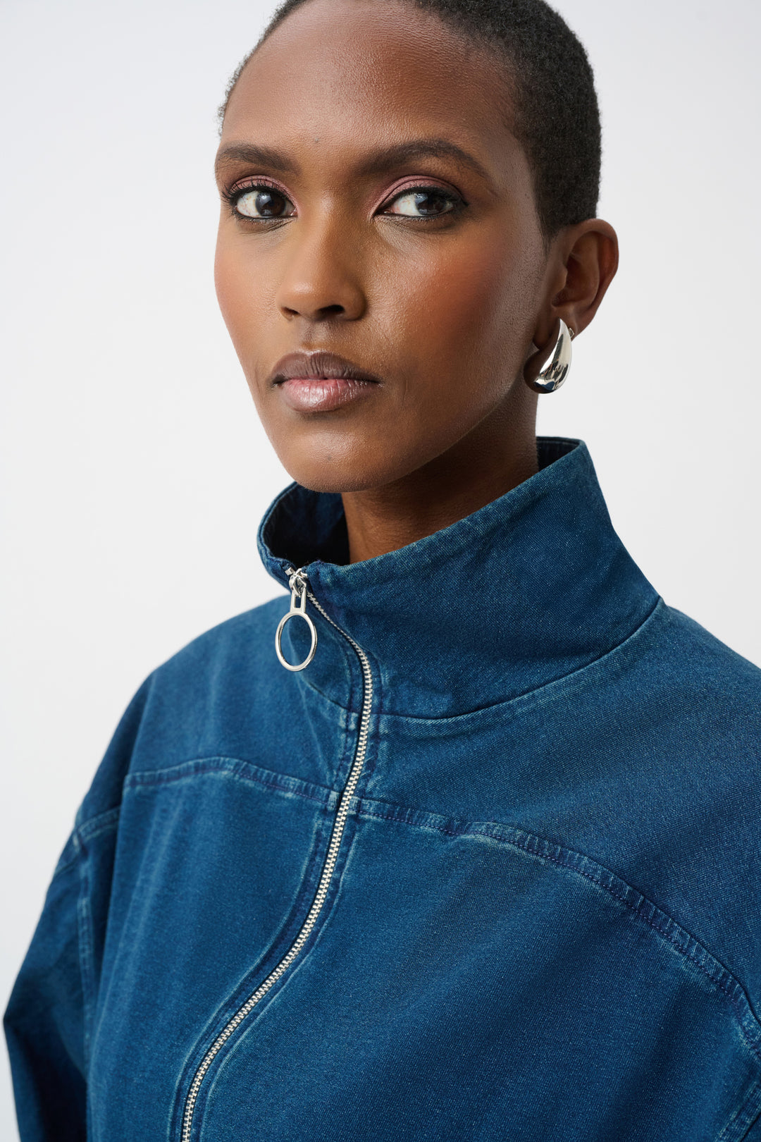 Knit Denim Funnel-Neck Bomber Jacket Style 263634