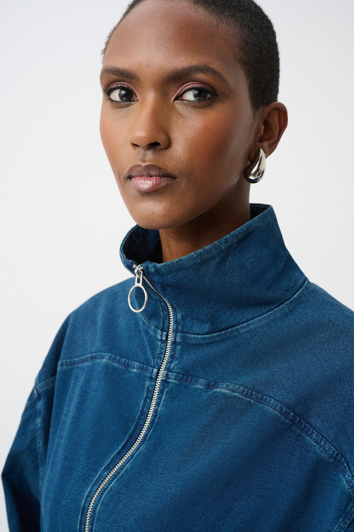 Knit Denim Funnel-Neck Bomber Jacket Style 263634