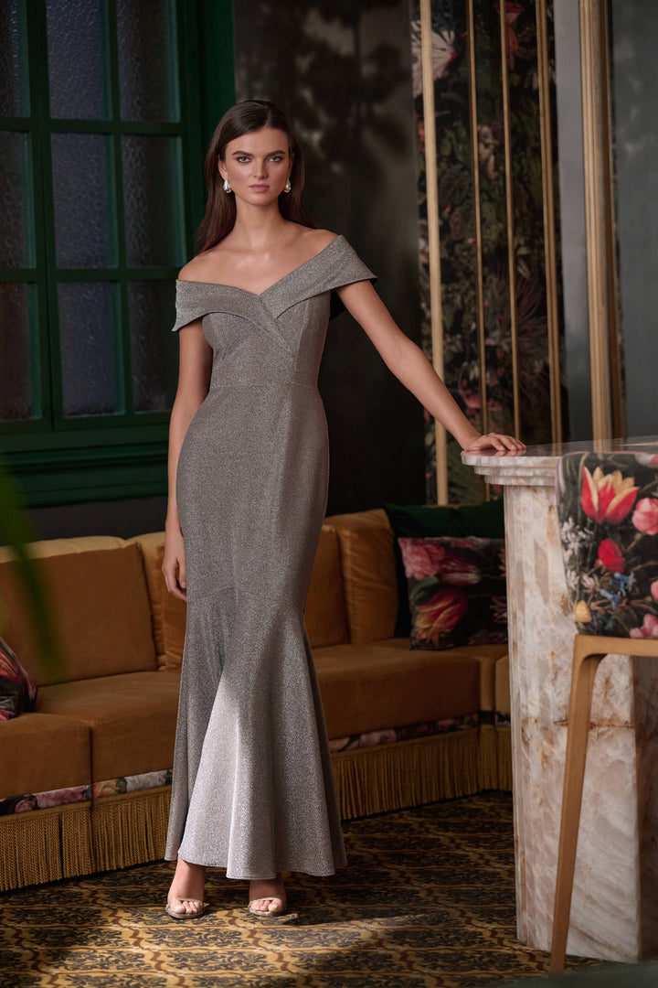 Sparkle Knit Off-Shoulder Trumpet Dress Style 263728