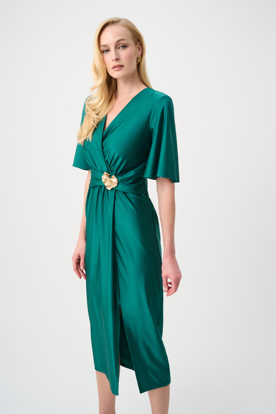 Satin Knit Wrap Dress With Ruched Waistband Style 263733