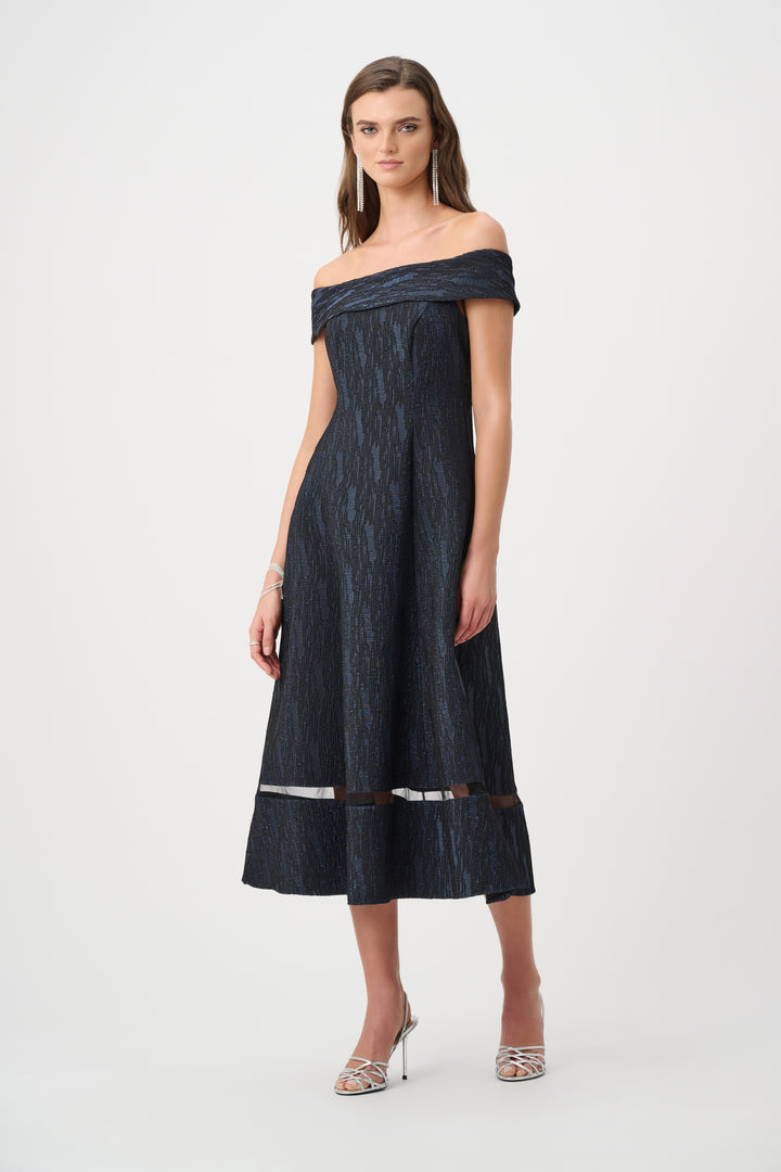 Foil-Textured Jacquard Off-Shoulder Fit and Flare Dress Style 263742
