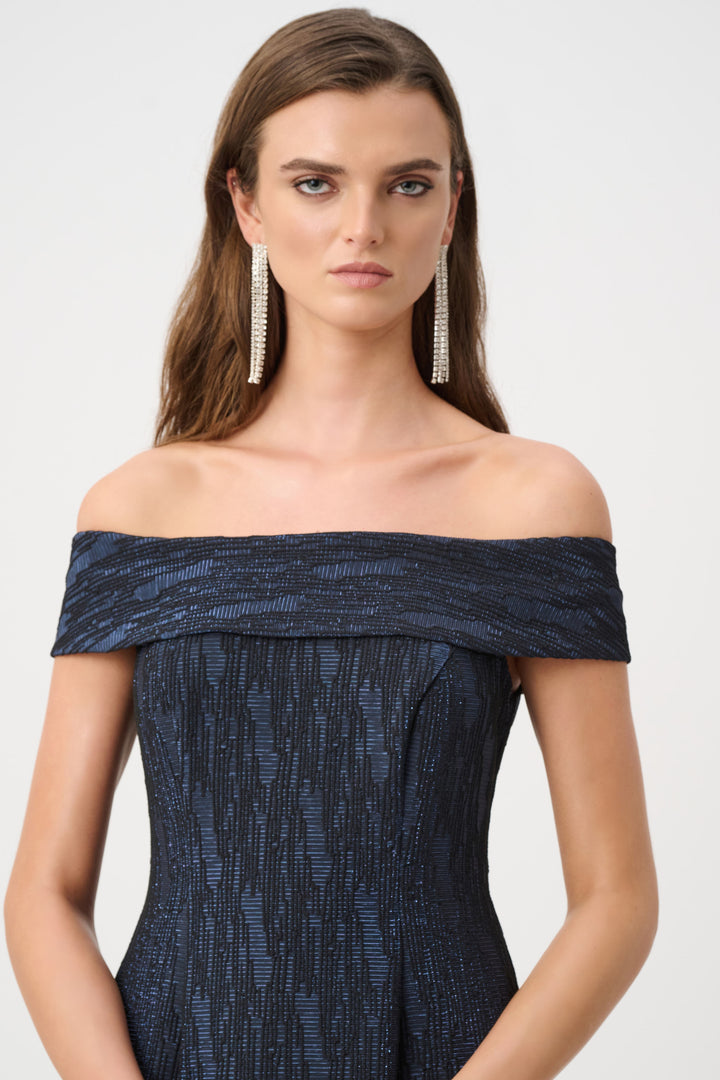 Foil-Textured Jacquard Off-Shoulder Fit and Flare Dress Style 263742