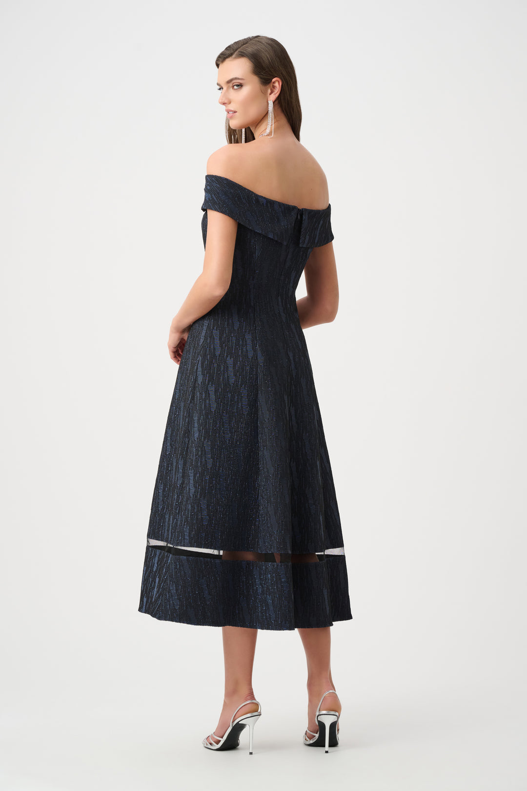 Foil-Textured Jacquard Off-Shoulder Fit and Flare Dress Style 263742