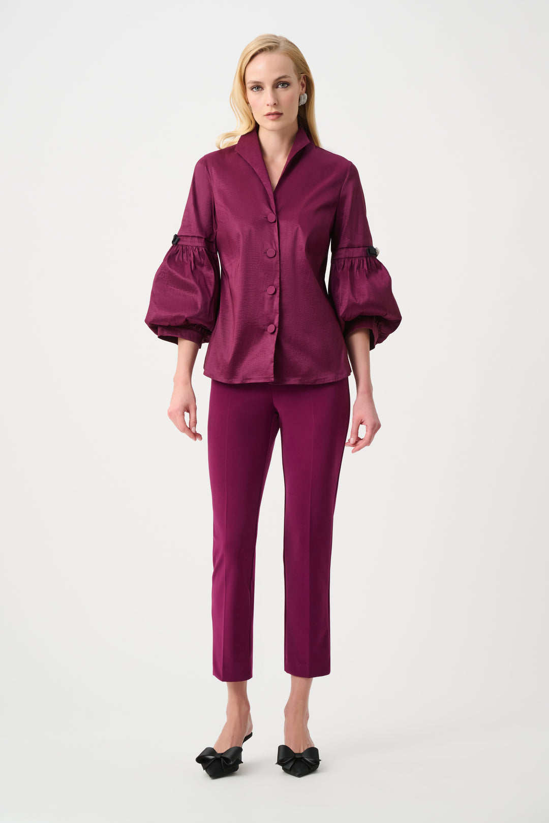 Stretch Taffeta Fitted Blouse With Rhinestone Buttons Style 263744