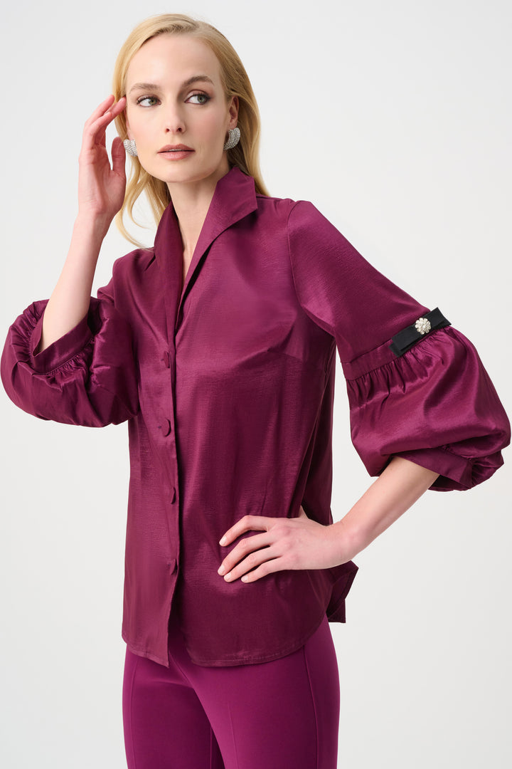Stretch Taffeta Fitted Blouse With Rhinestone Buttons Style 263744