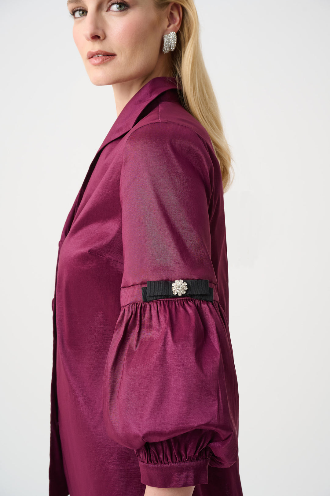 Stretch Taffeta Fitted Blouse With Rhinestone Buttons Style 263744