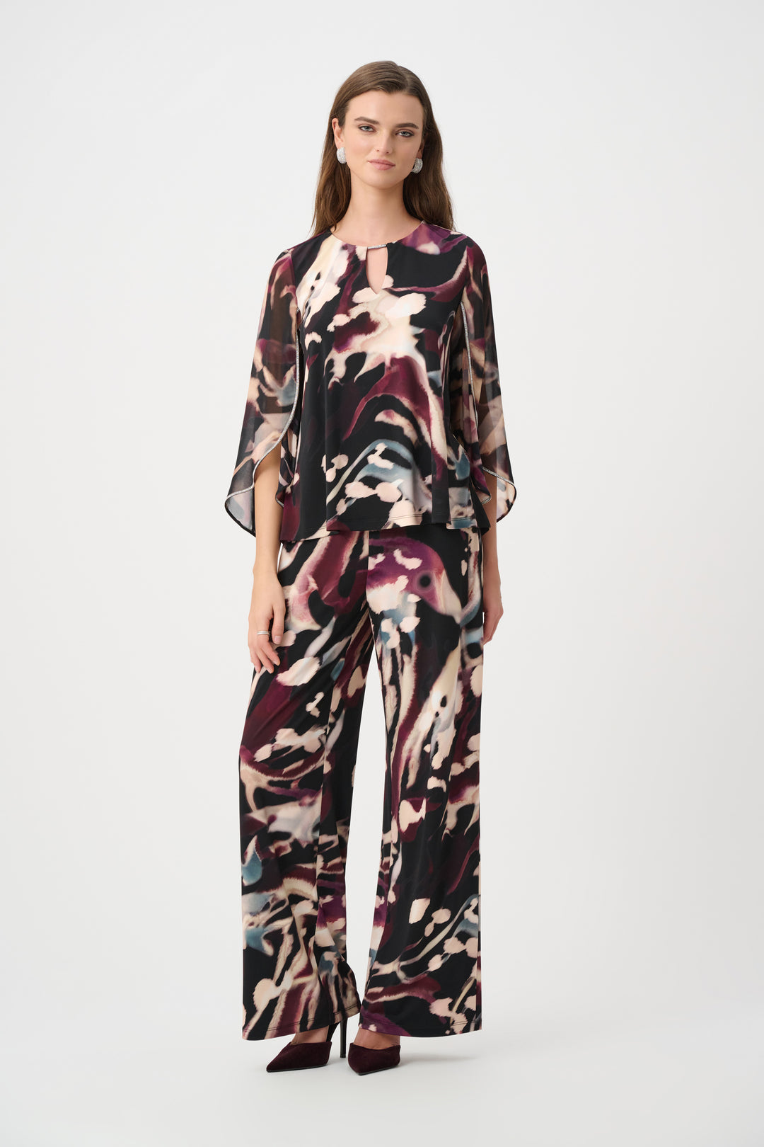 Silky Knit And Chiffon Abstract Print Top With Rhinestone Trim Style 263757