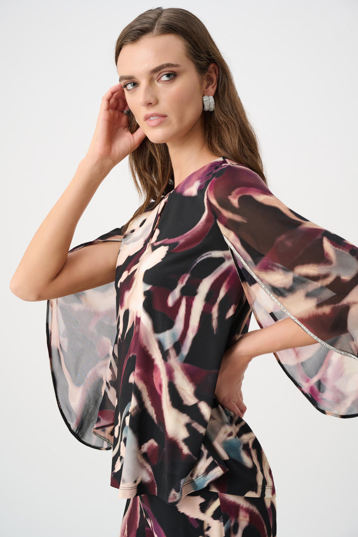 Silky Knit And Chiffon Abstract Print Top With Rhinestone Trim Style 263757