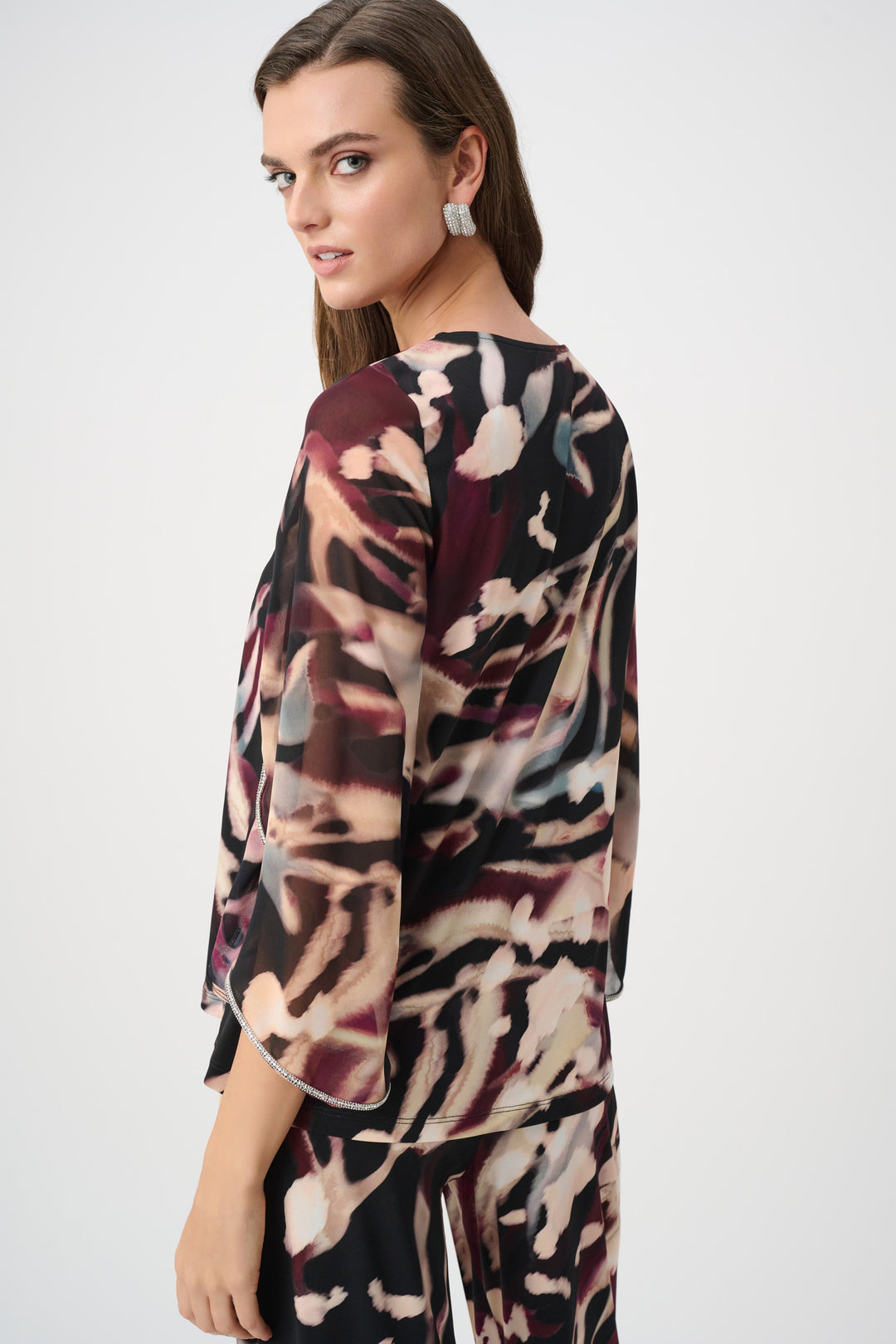 Silky Knit And Chiffon Abstract Print Top With Rhinestone Trim Style 263757