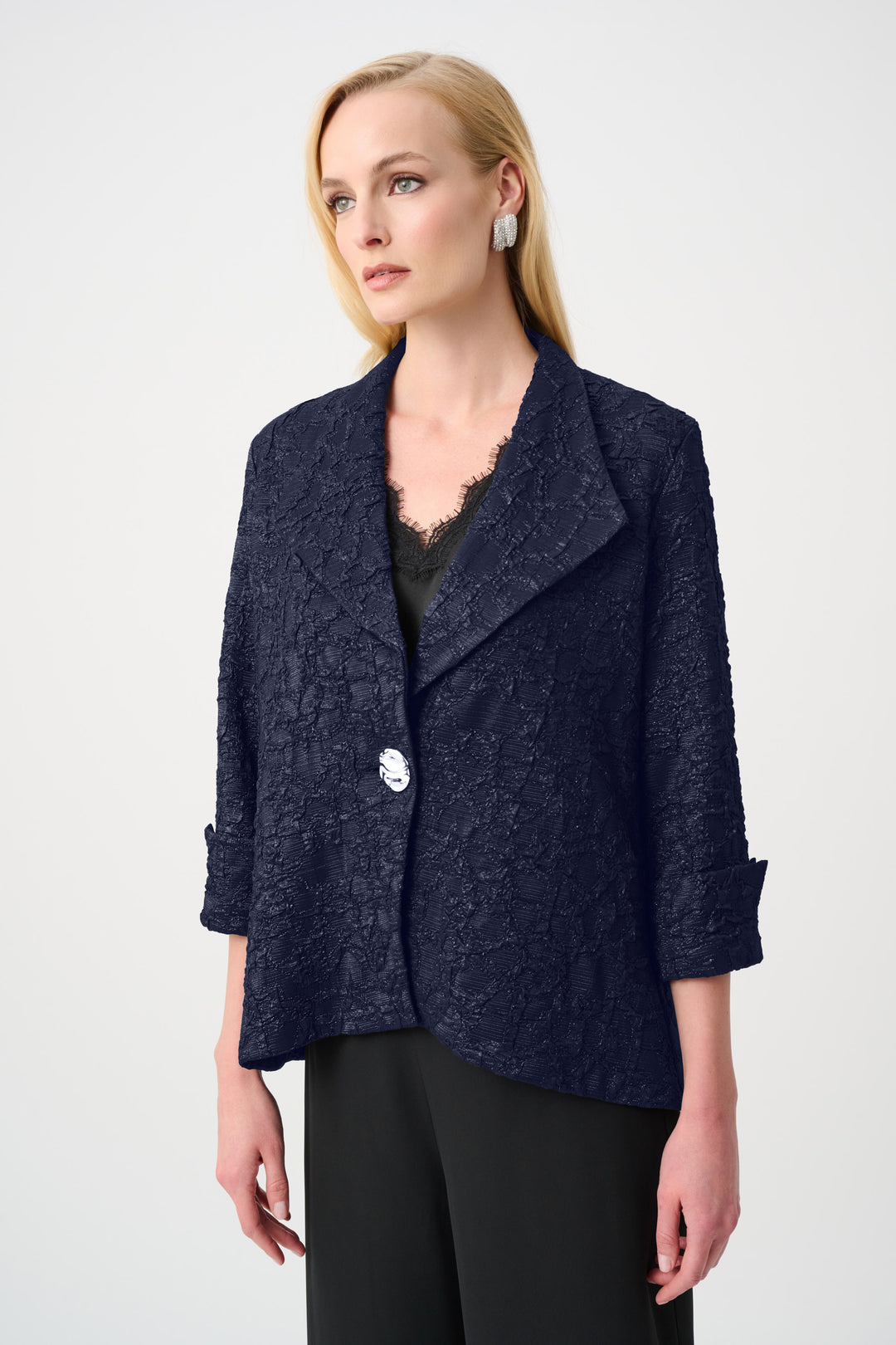 Lurex Textured Jacquard Lapel-Collar Trapeze Jacket Style 263761