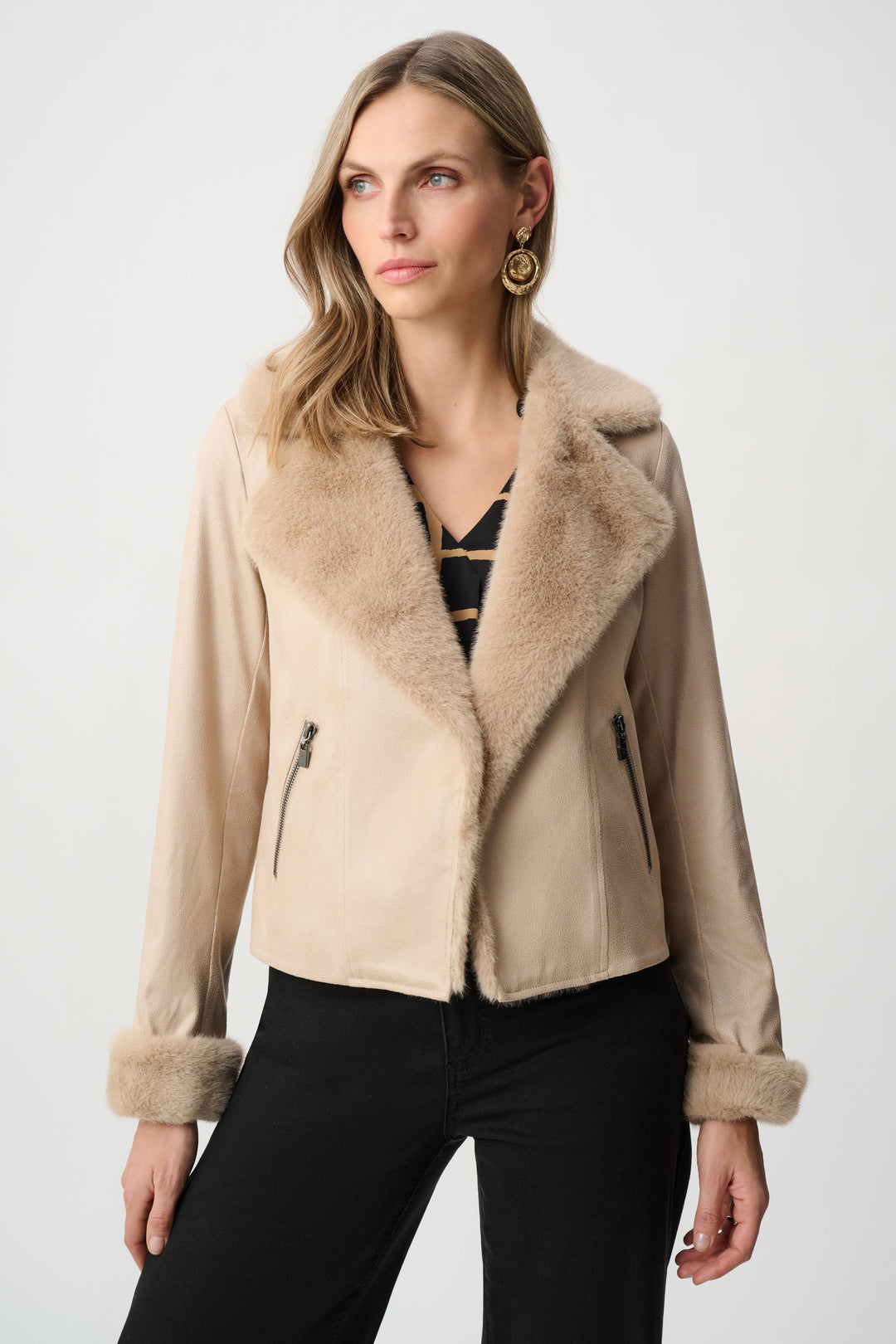 Foiled Faux Suede Jacket With Faux Fur Collar Style 263909