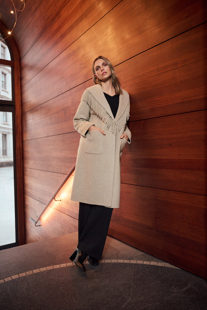 Wool Blend Shawl Collar Fringed Coat Style 263912