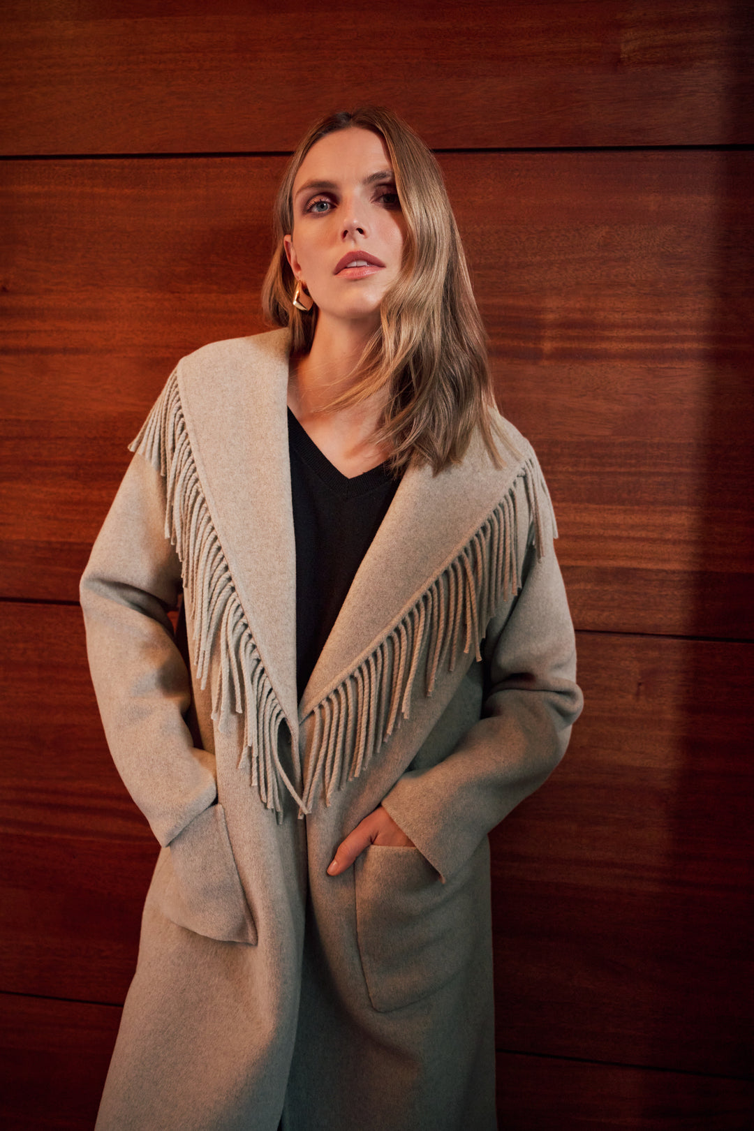 Wool Blend Shawl Collar Fringed Coat Style 263912