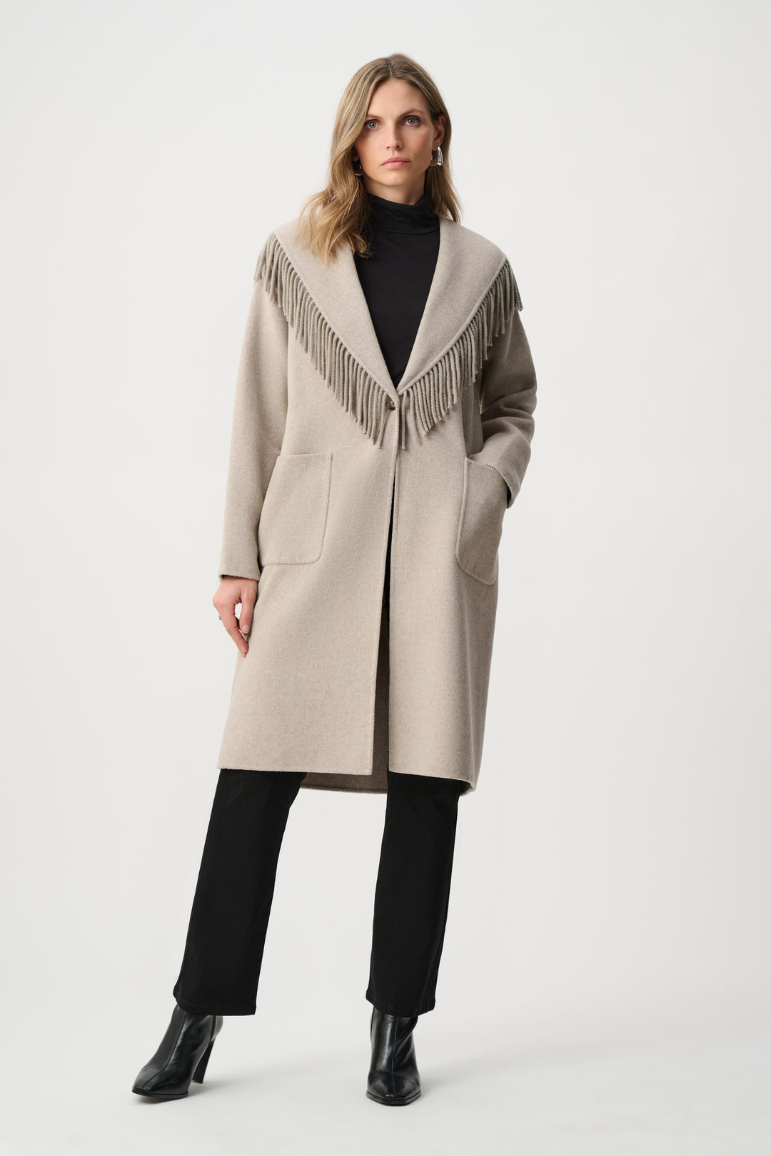 Wool Blend Shawl Collar Fringed Coat Style 263912