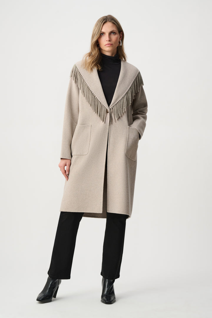 Wool Blend Shawl Collar Fringed Coat Style 263912