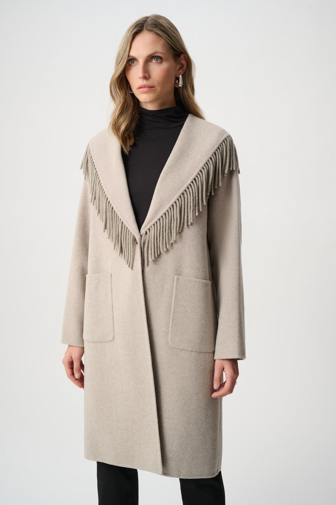 Wool Blend Shawl Collar Fringed Coat Style 263912