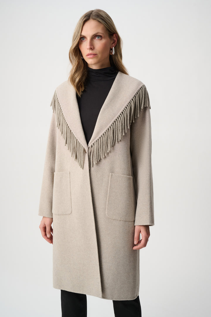 Wool Blend Shawl Collar Fringed Coat Style 263912
