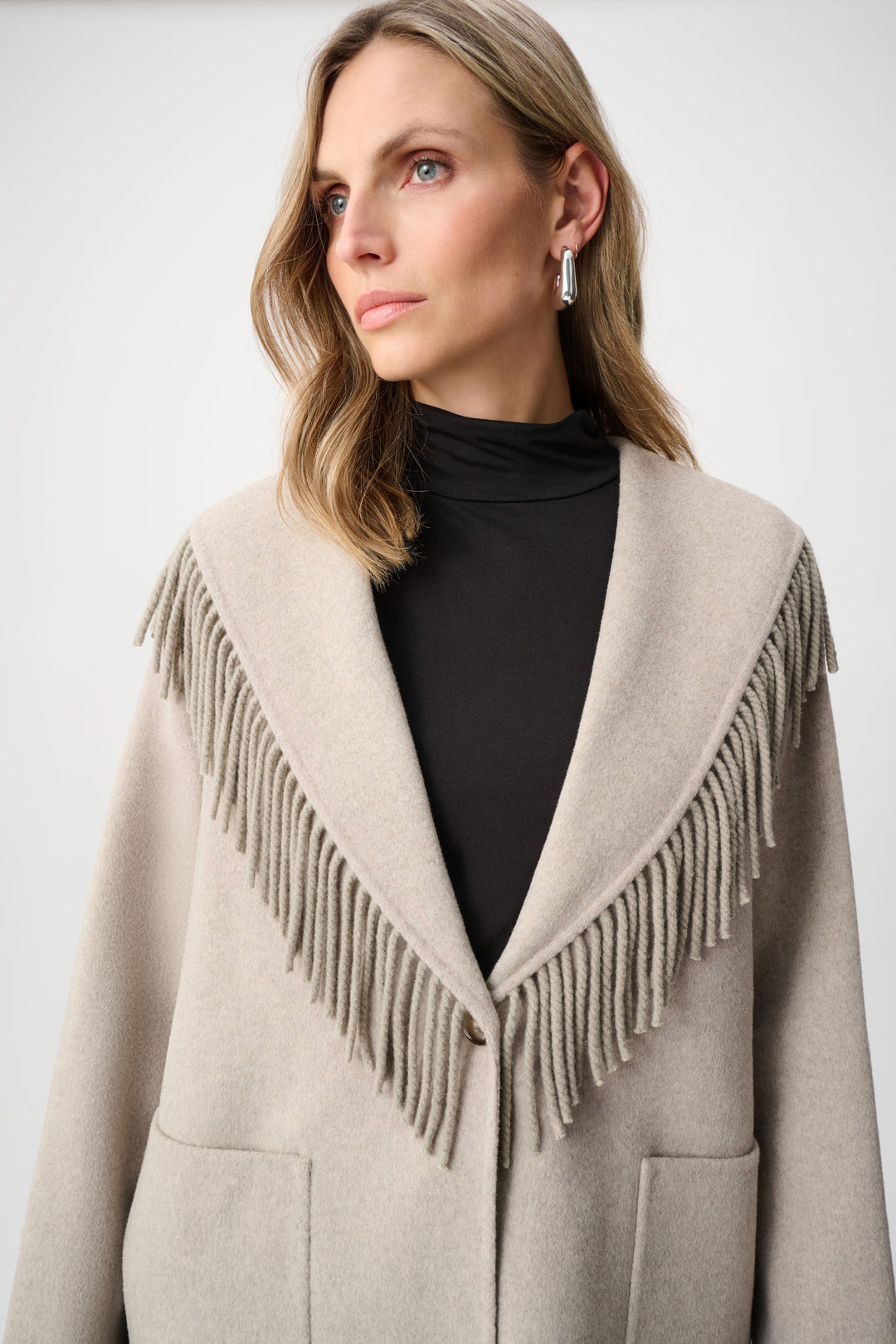Wool Blend Shawl Collar Fringed Coat Style 263912