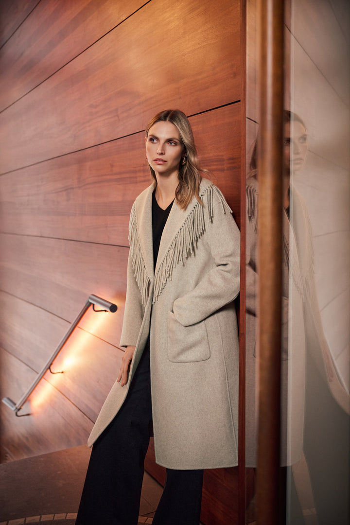 Wool Blend Shawl Collar Fringed Coat Style 263912