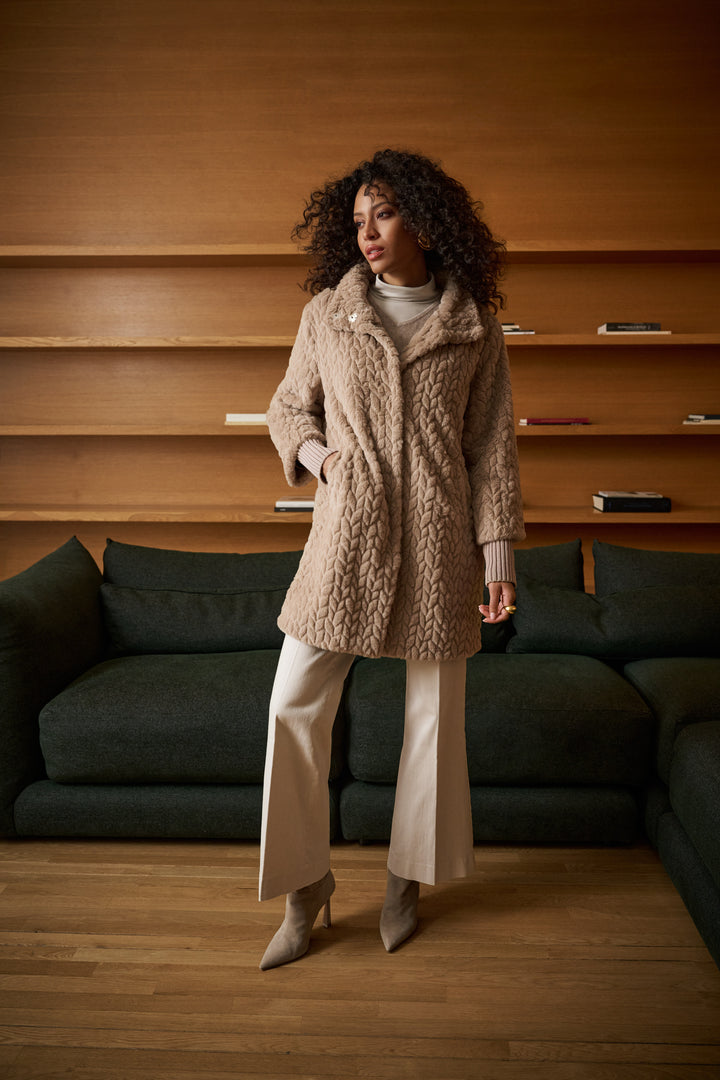 Textured Faux Fur Mock-Neck Coat Style 263915