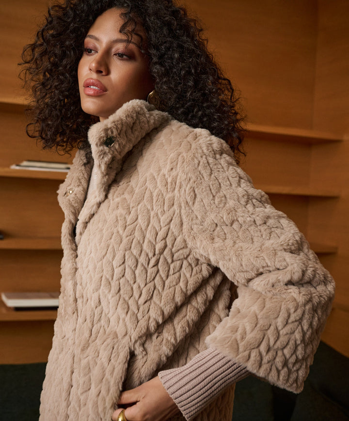 Textured Faux Fur Mock-Neck Coat Style 263915