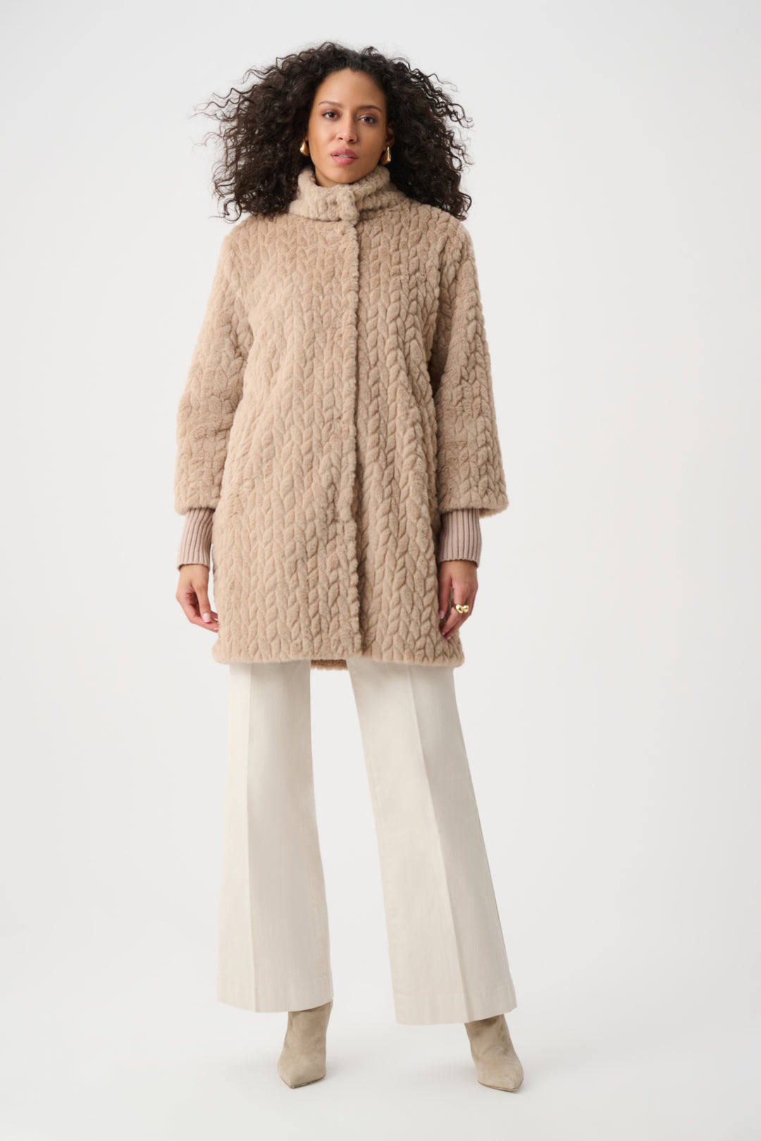 Textured Faux Fur Mock-Neck Coat Style 263915