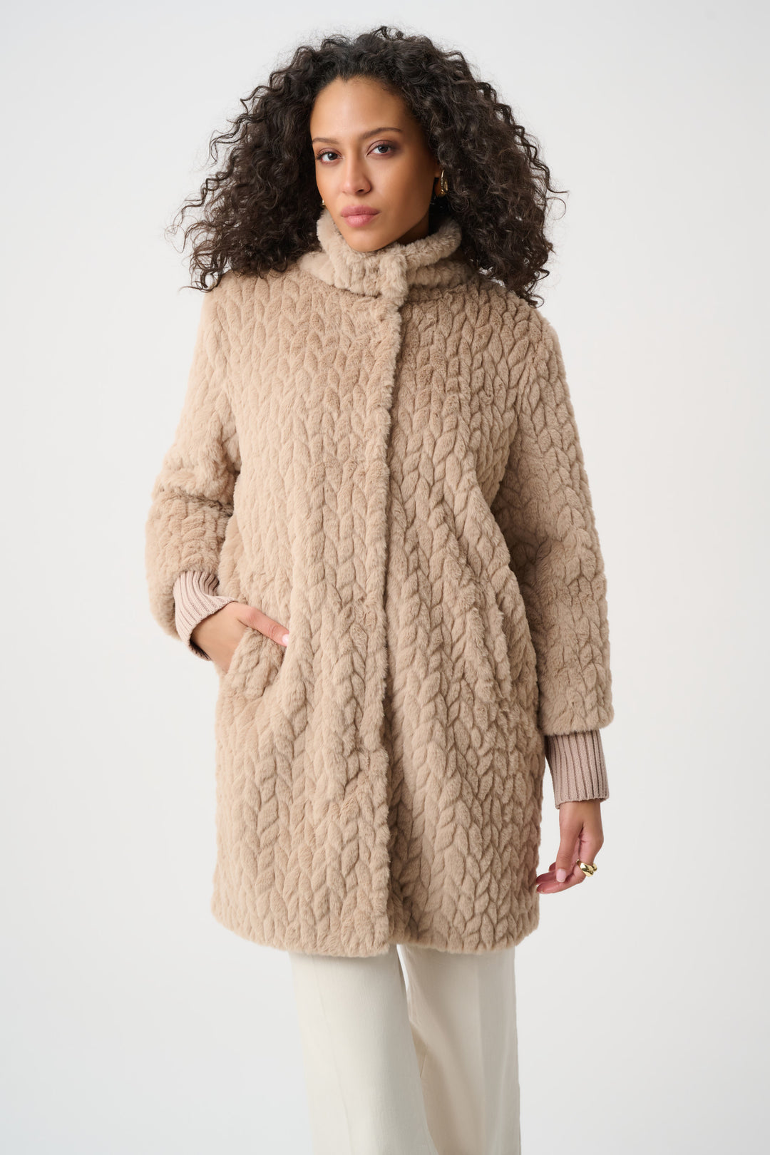 Textured Faux Fur Mock-Neck Coat Style 263915