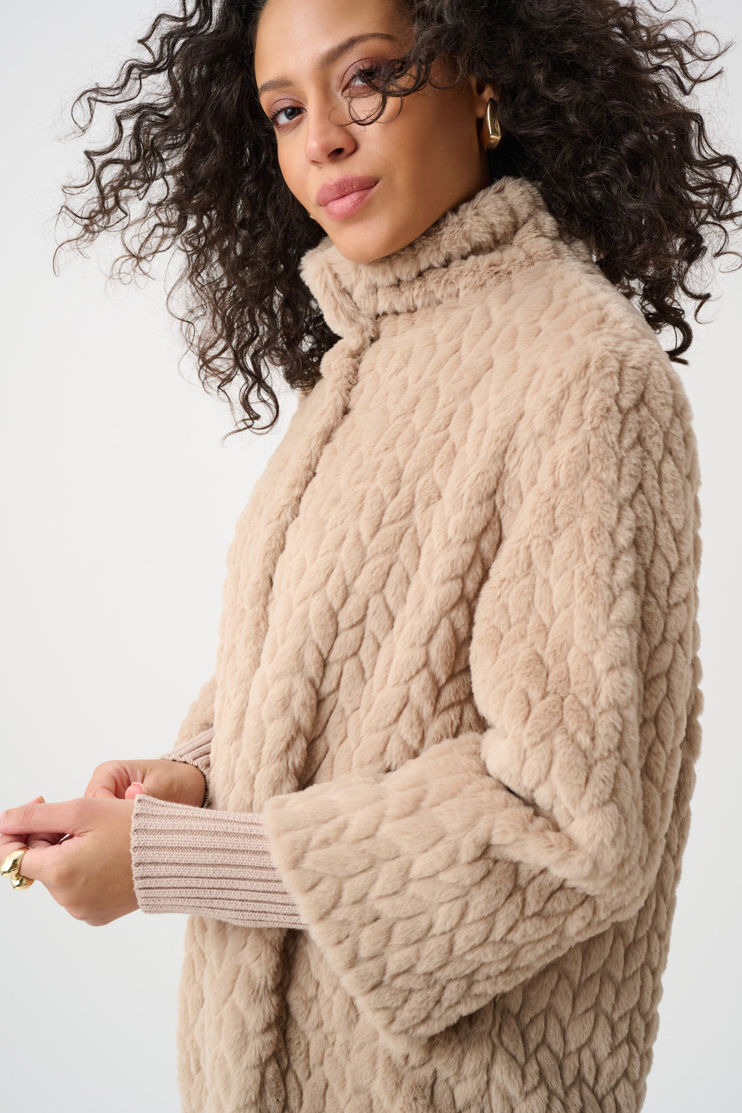 Textured Faux Fur Mock-Neck Coat Style 263915