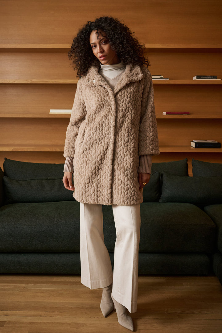 Textured Faux Fur Mock-Neck Coat Style 263915