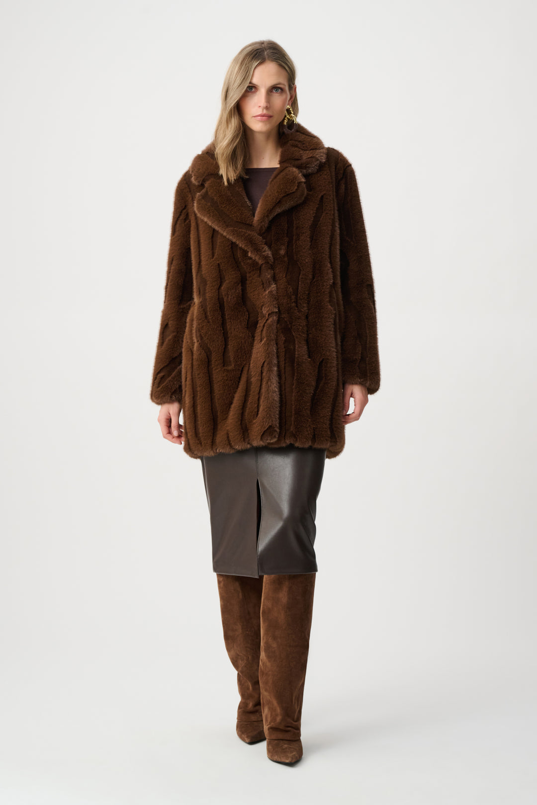 Textured Faux Fur Notch Collar Coat Style 263916