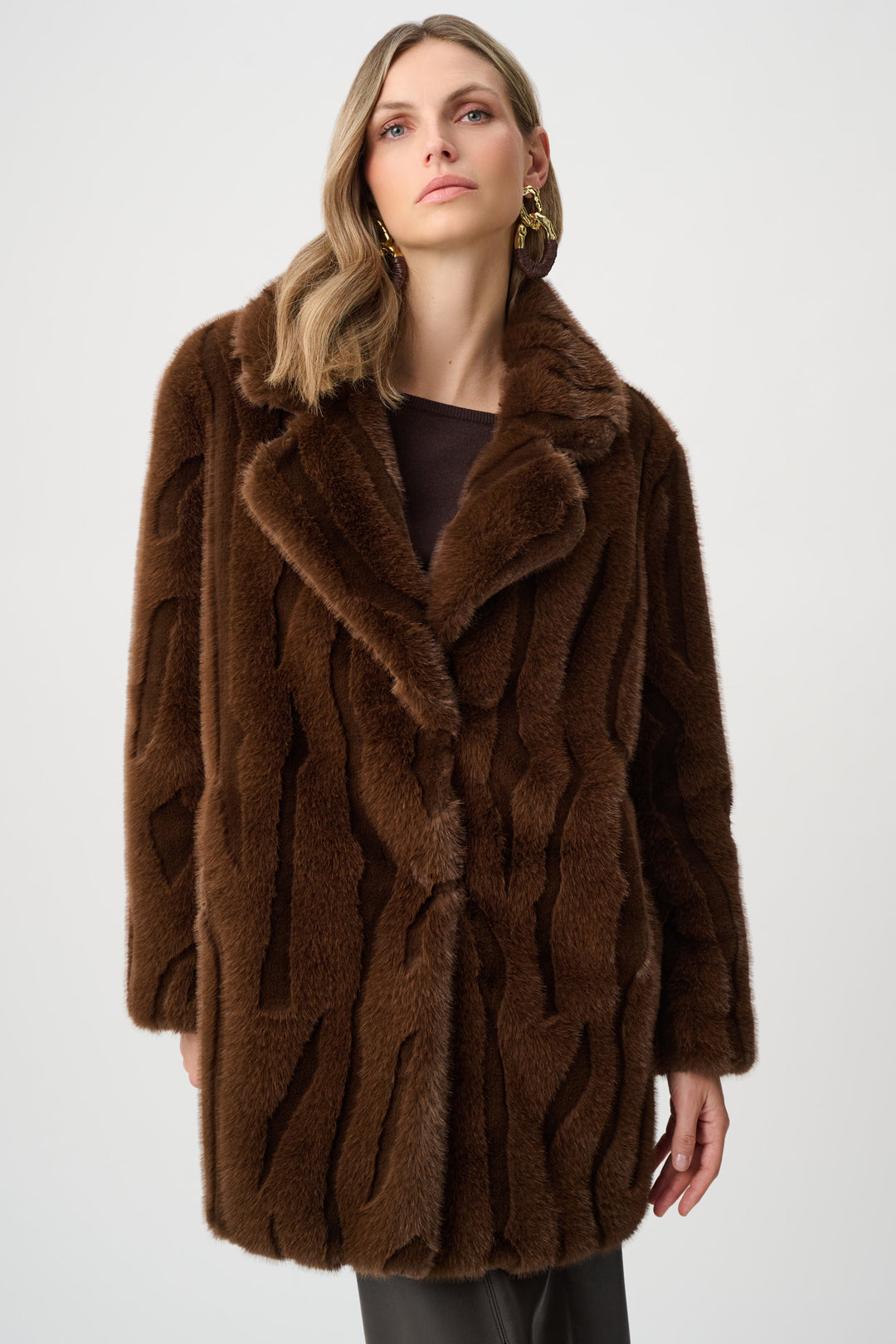 Textured Faux Fur Notch Collar Coat Style 263916
