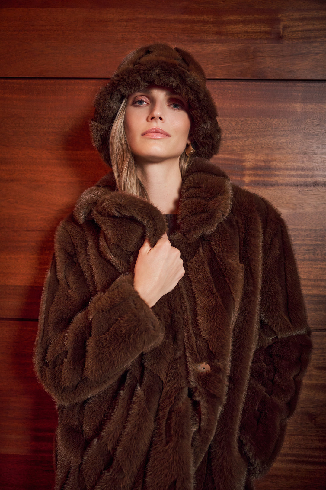 Textured Faux Fur Notch Collar Coat Style 263916