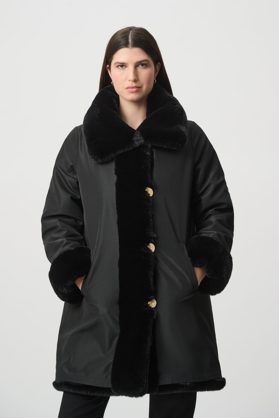 Textured Faux Fur Funnel-Neck Reversible Coat Style 263920